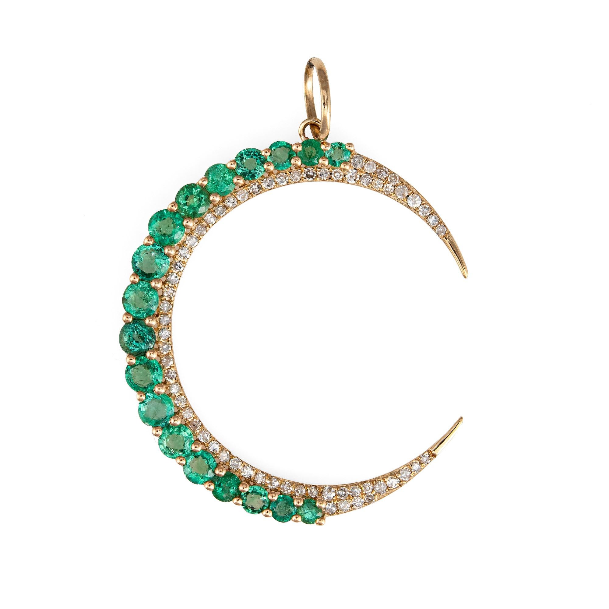 Modern Emerald Diamond Crescent Moon Pendant 14k Yellow Gold Celestial Fine Jewelry