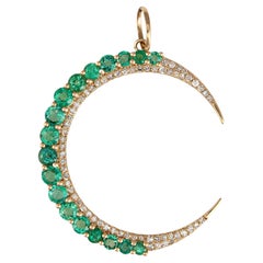 Emerald Diamond Crescent Moon Pendant 14k Yellow Gold Celestial Fine Jewelry