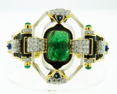 David Webb 18K Gold Emerald Diamond Cross River Bracelet, 20.62ct