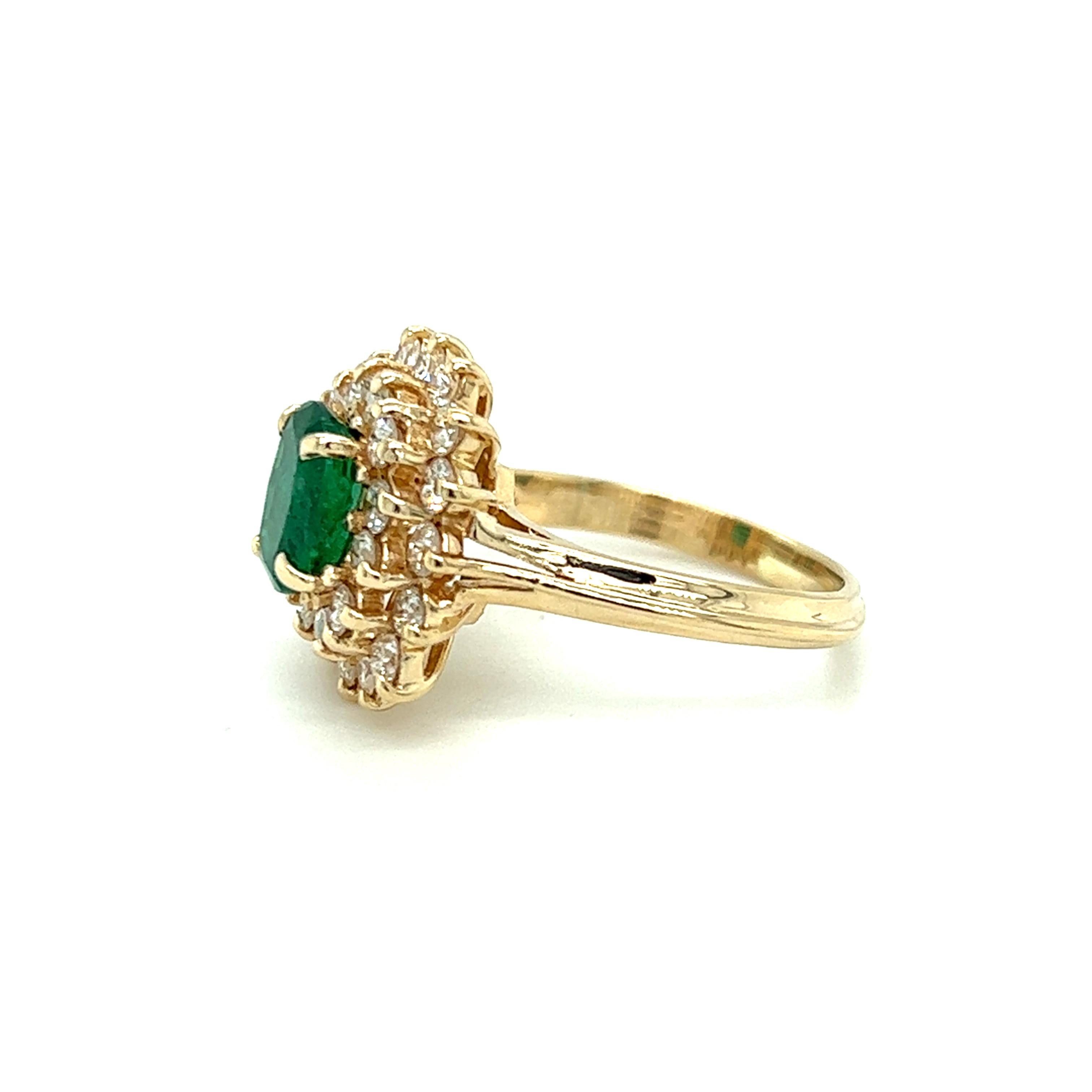 Contemporary Emerald & Diamond Cushion Shaped Cluster Ring in 14K Yellow Gold  For Sale