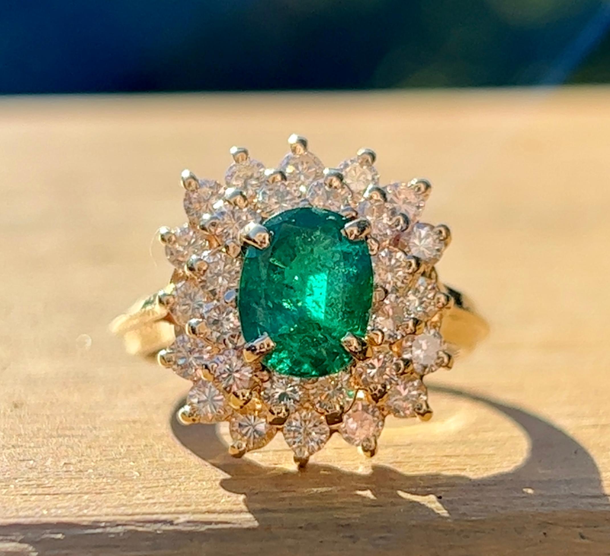 Oval Cut Emerald & Diamond Cushion Shaped Cluster Ring in 14K Yellow Gold  For Sale