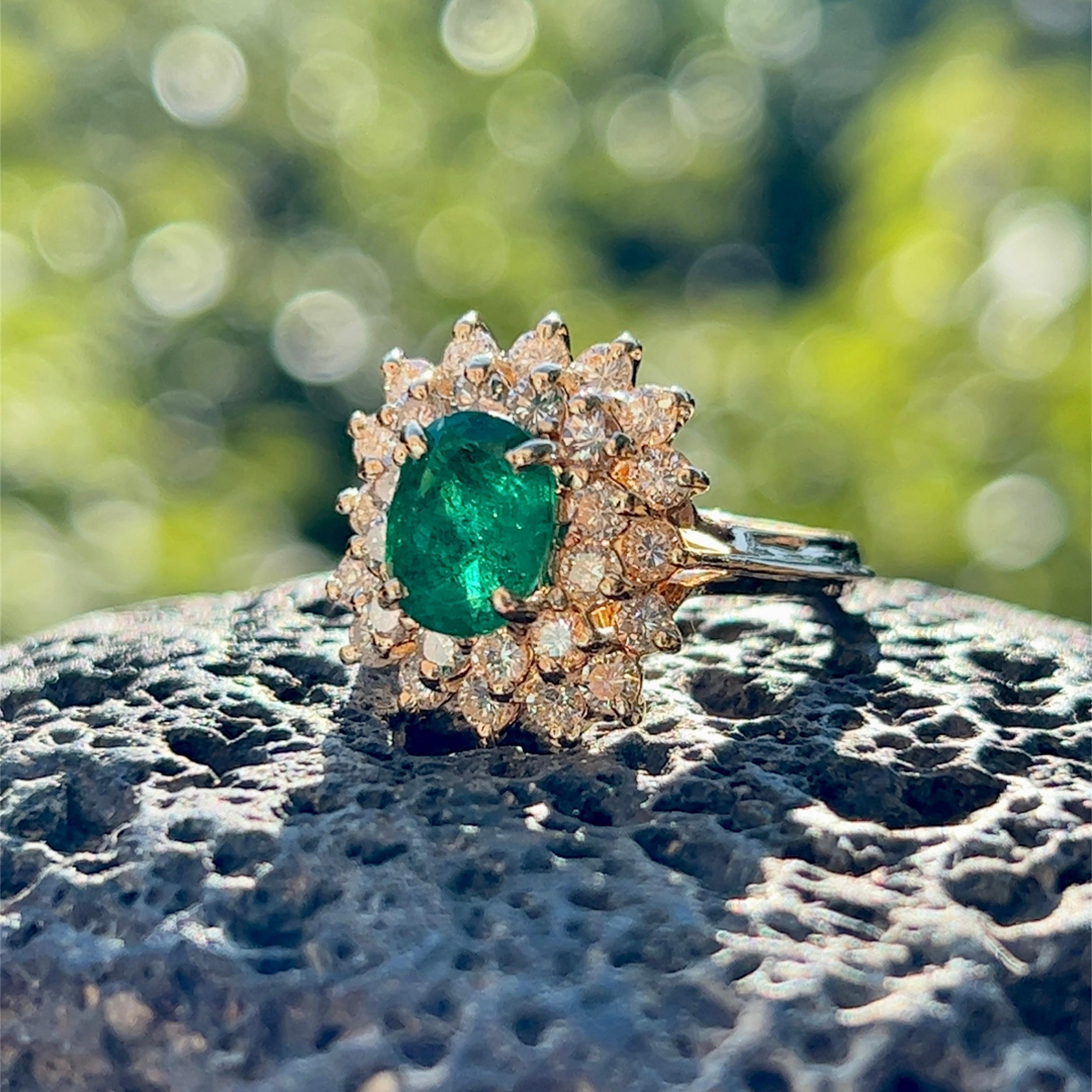 Women's Emerald & Diamond Cushion Shaped Cluster Ring in 14K Yellow Gold  For Sale