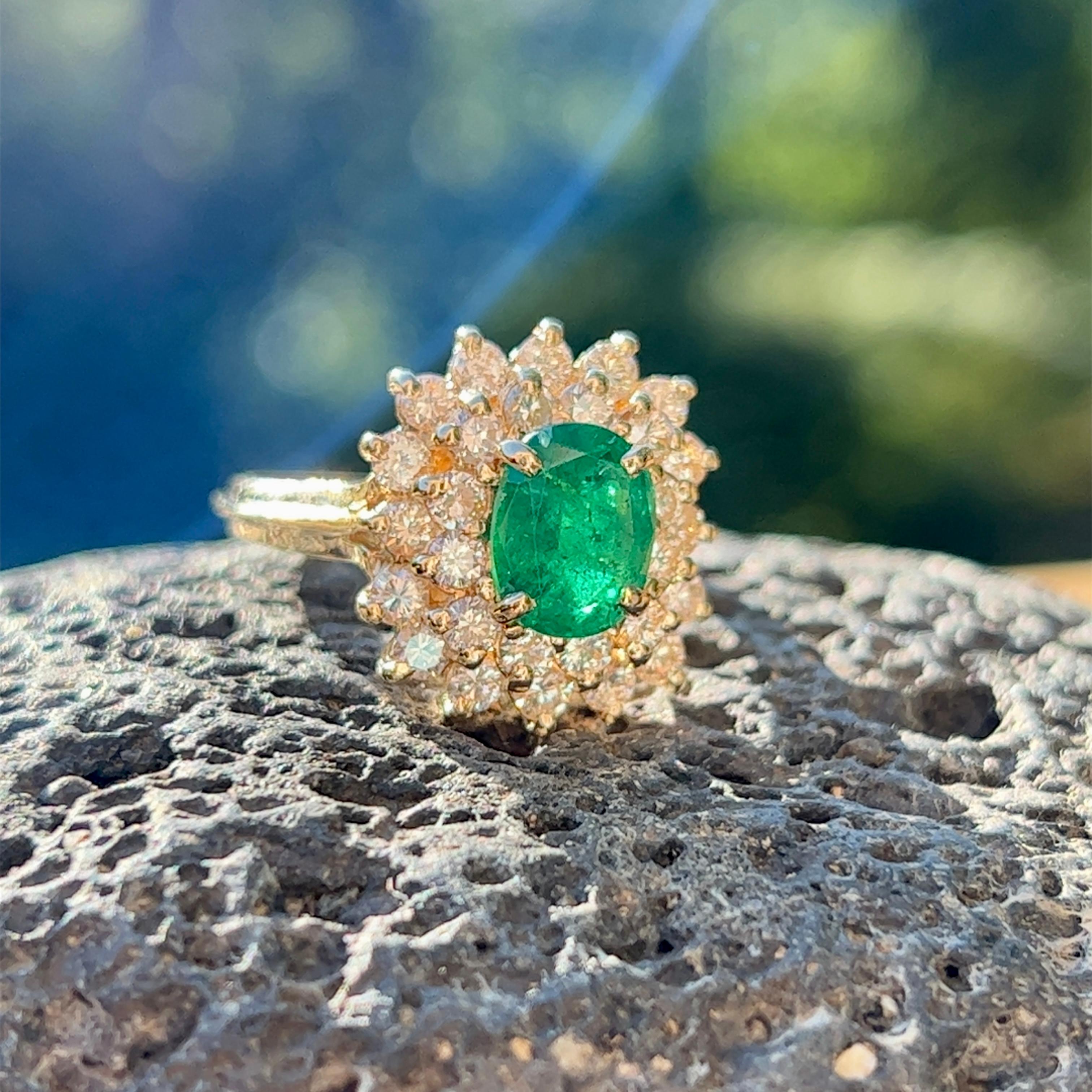 Emerald & Diamond Cushion Shaped Cluster Ring in 14K Yellow Gold  For Sale 1