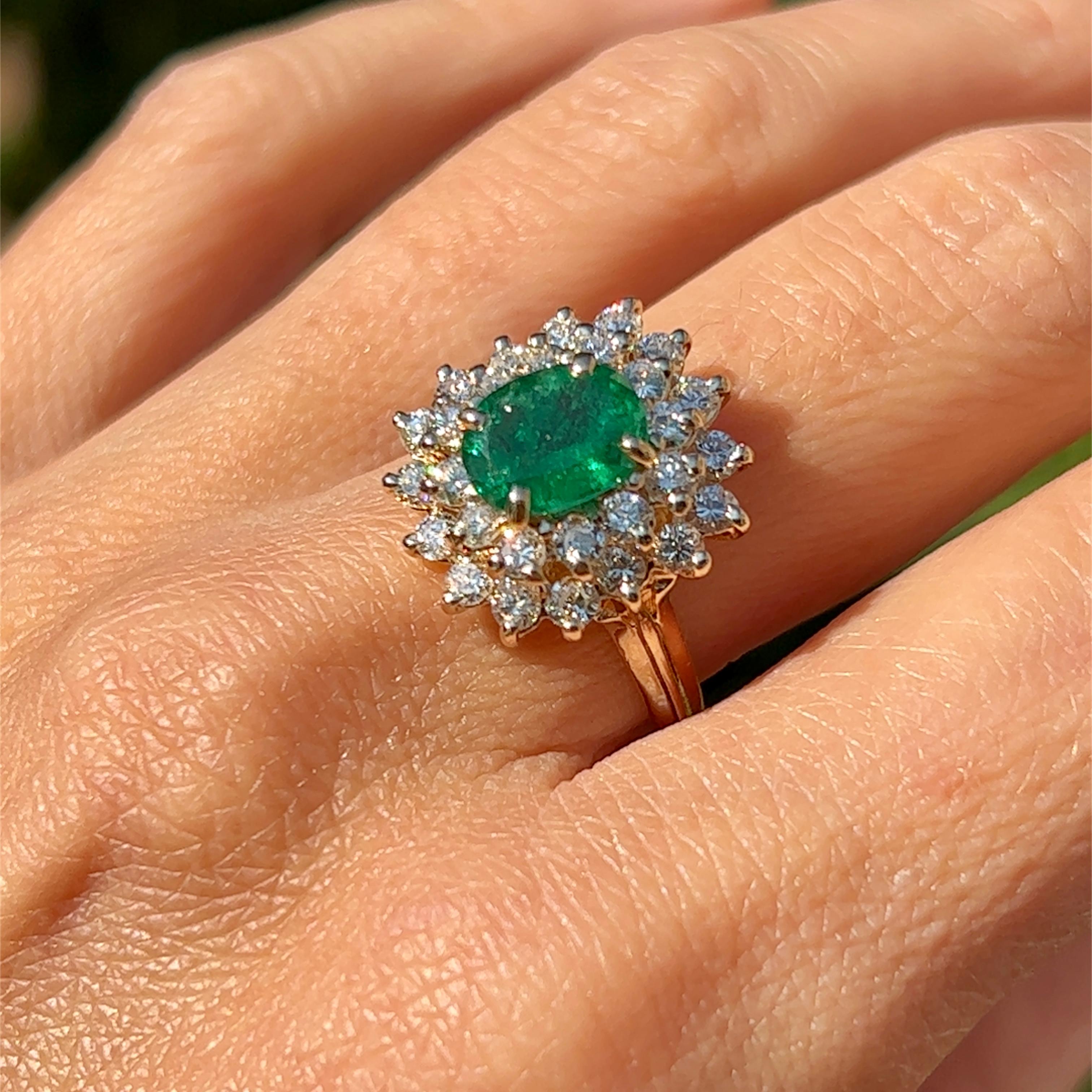 Emerald & Diamond Cushion Shaped Cluster Ring in 14K Yellow Gold  For Sale 2