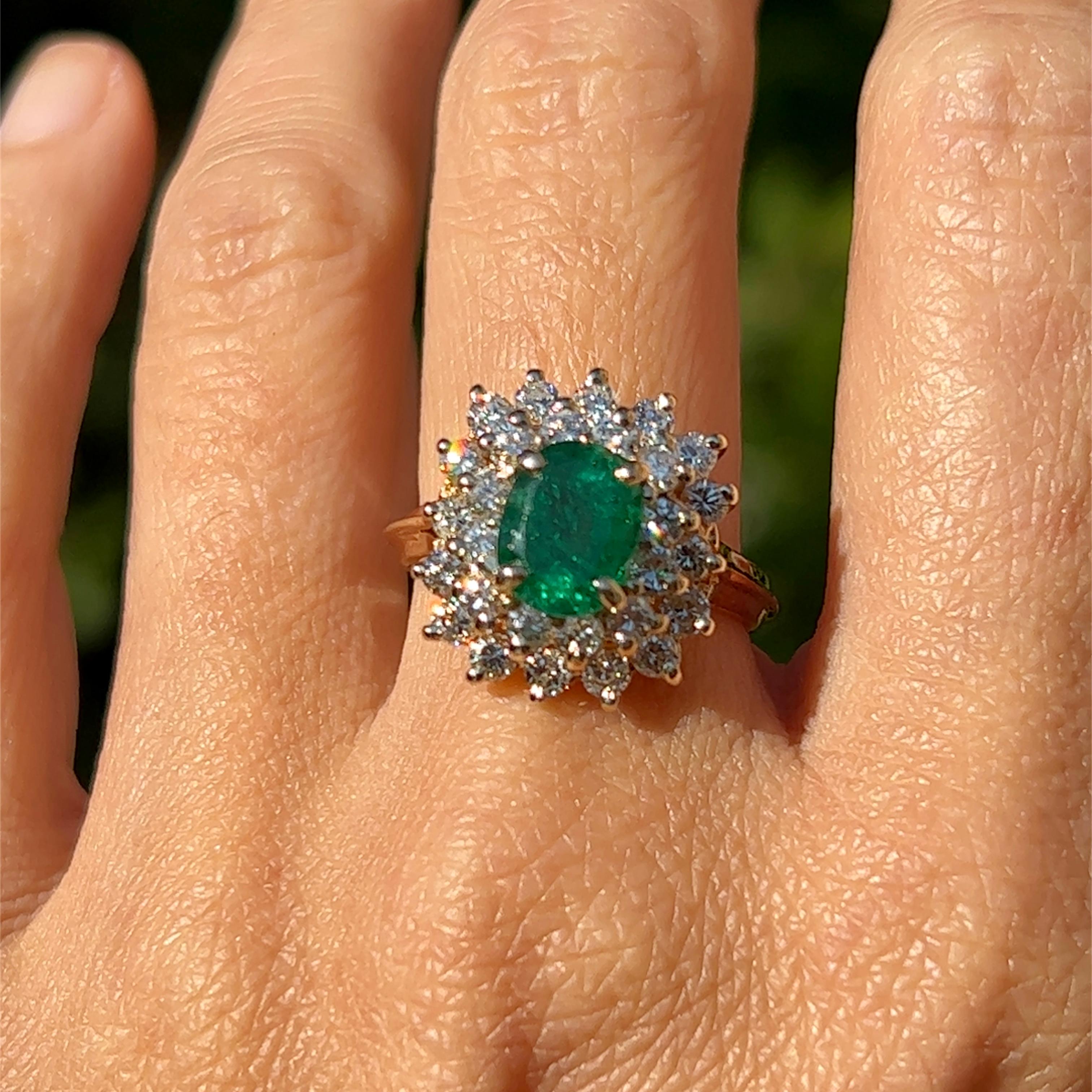 Emerald & Diamond Cushion Shaped Cluster Ring in 14K Yellow Gold  For Sale 3