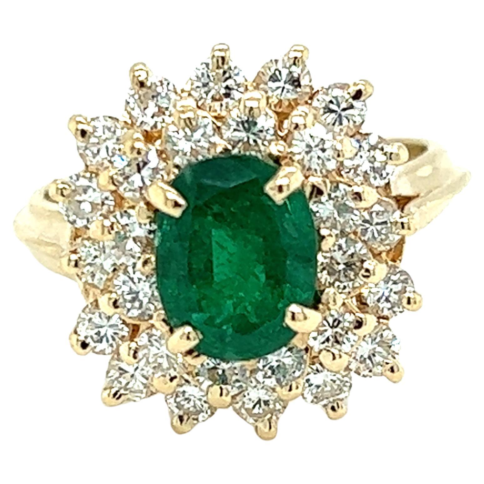 Emerald & Diamond Cushion Shaped Cluster Ring in 14K Yellow Gold  For Sale