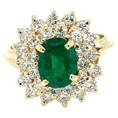 Retro Emerald & Diamond Cushion Shaped Cluster Ring in 14K Yellow Gold 