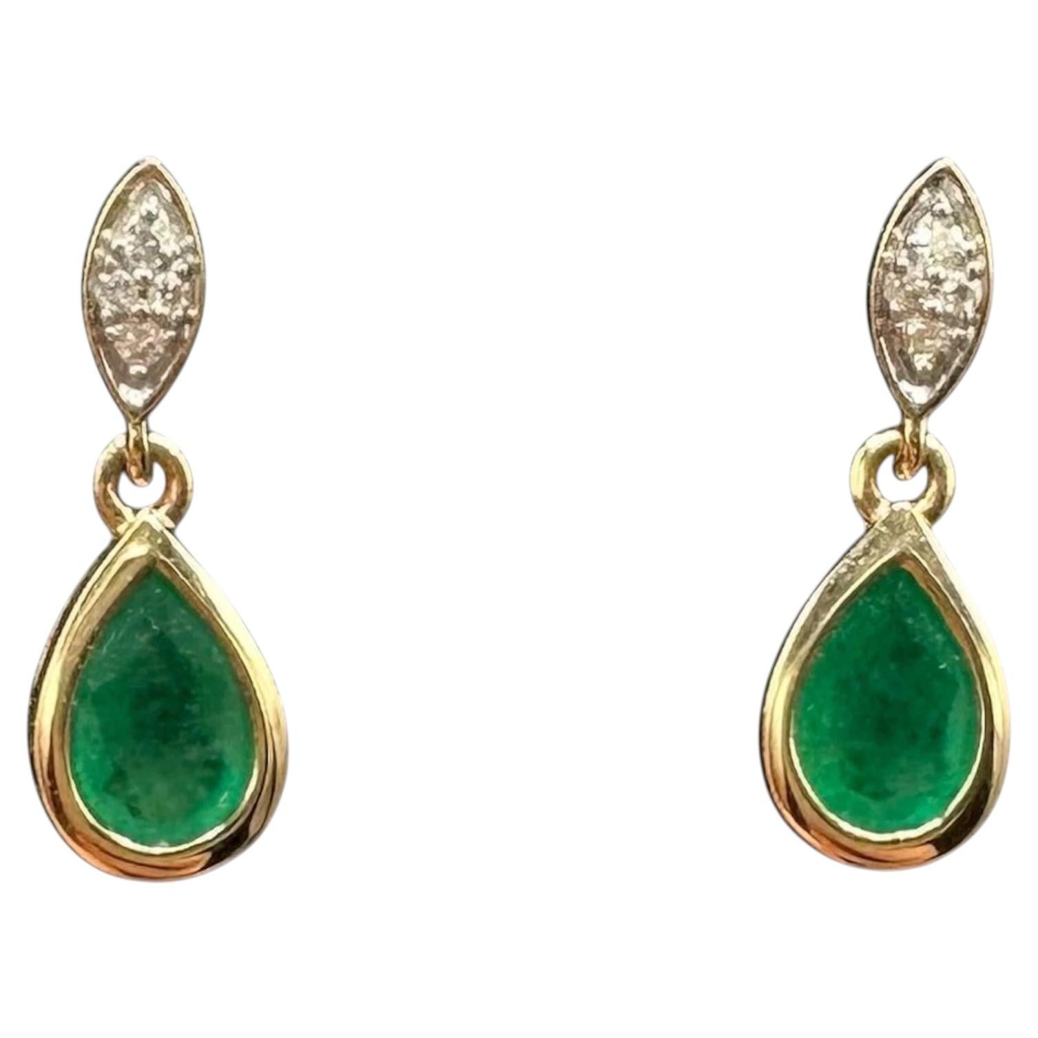 Emerald Diamond Dangle Earrings 10K Yellow Gold Pear Cut 6x4mm New