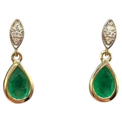Emerald Diamond Dangle Earrings 10K Yellow Gold Pear Cut 6x4mm New