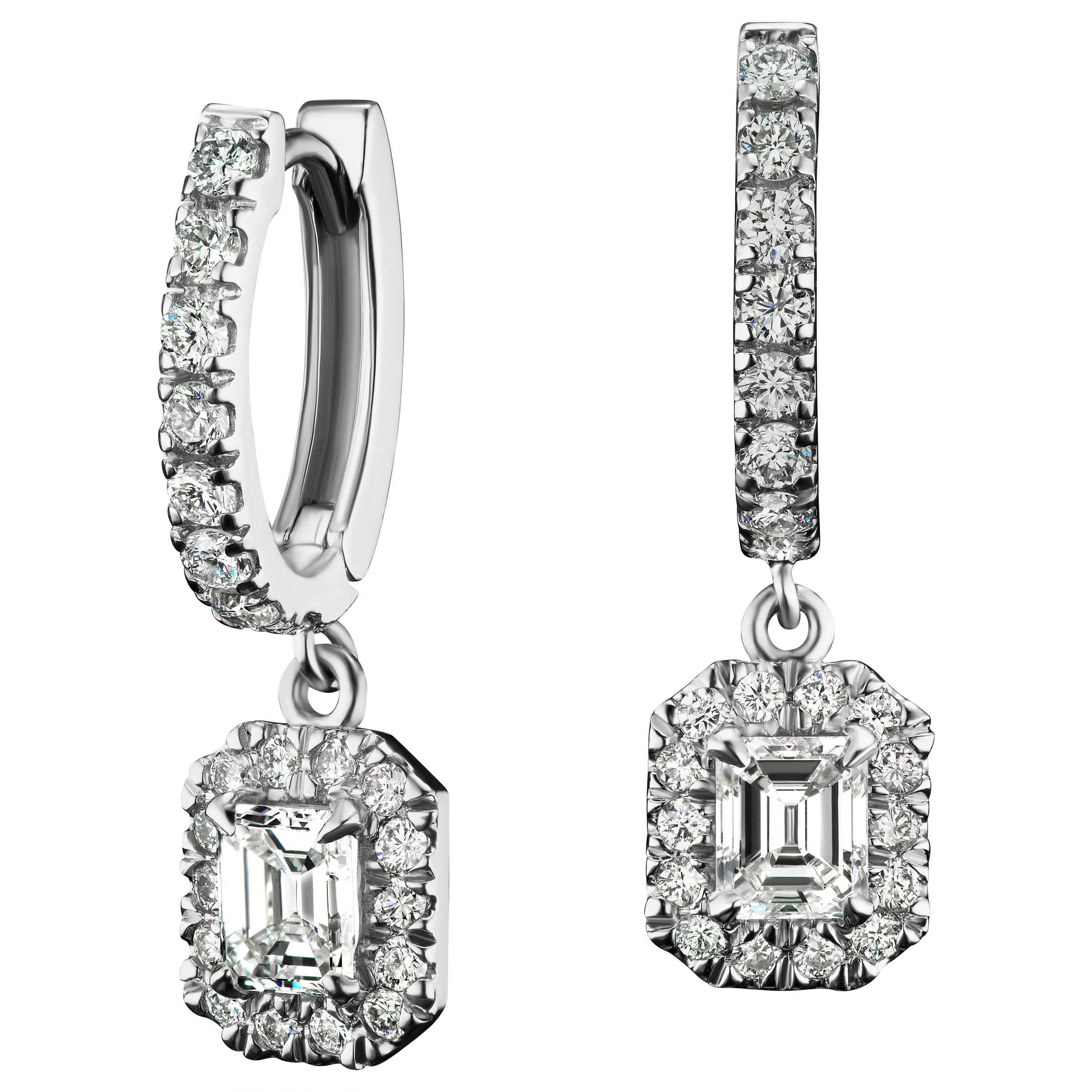 Emerald Diamond Dangling Drop Earrings in 14 Karat White Gold For Sale