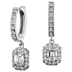 Emerald Diamond Dangling Drop Earrings in 14 Karat White Gold