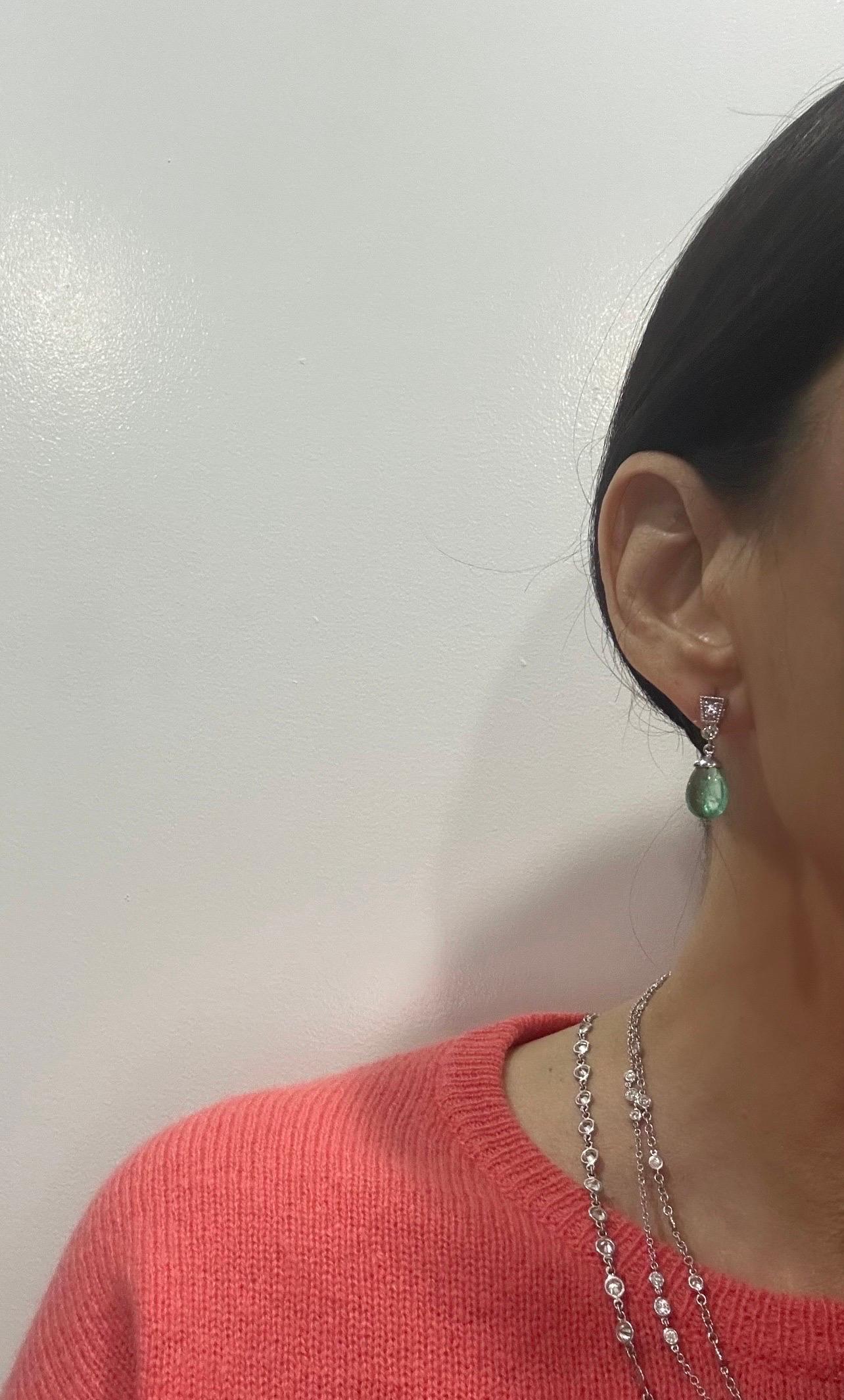 Cabochon Emerald Diamond Dangling Drop Gold Platinum Earrings For Sale