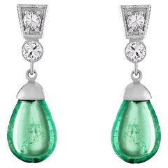 Emerald Diamond Dangling Drop Gold Platinum Earrings