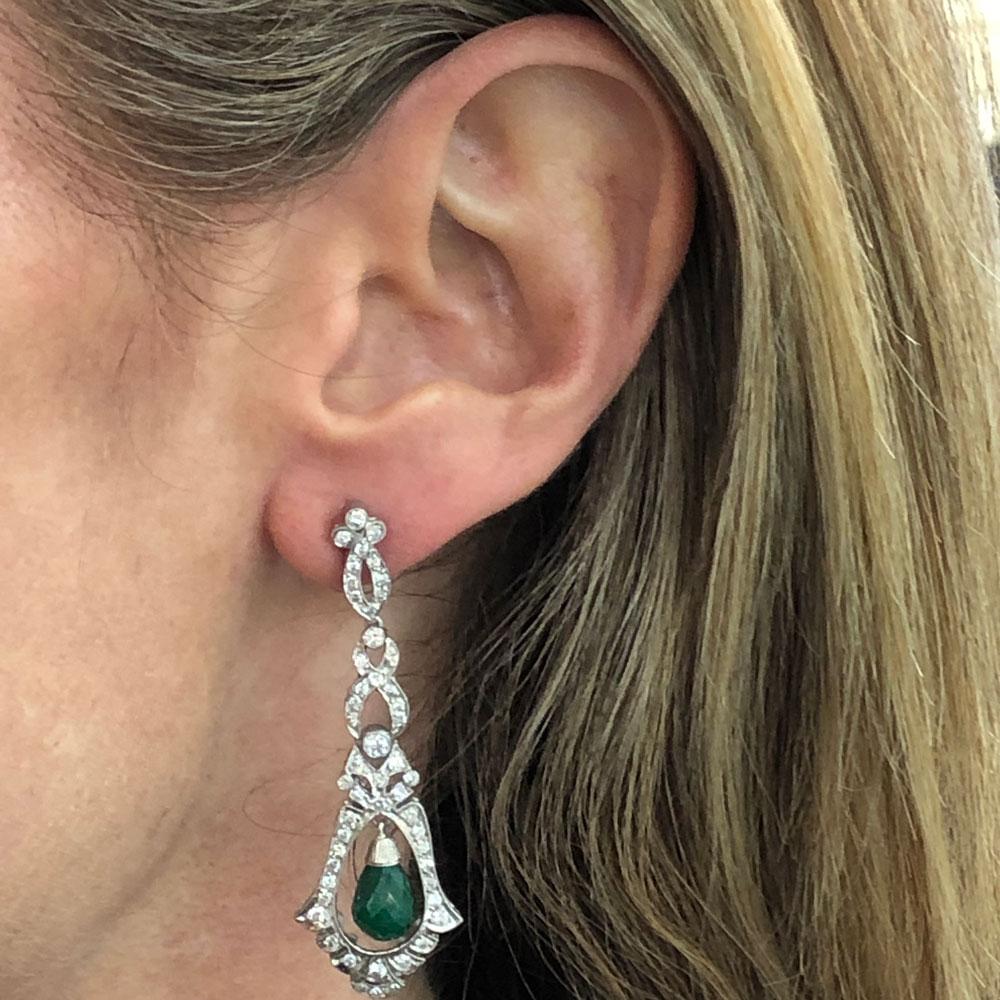 Art Deco Emerald Diamond Deco Style Drop Earrings Platinum