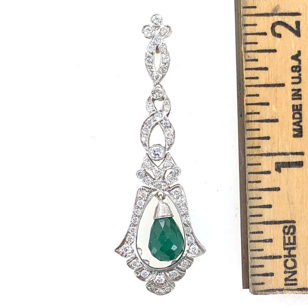 Round Cut Emerald Diamond Deco Style Drop Earrings Platinum