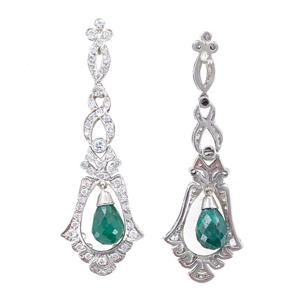 Emerald Diamond Deco Style Drop Earrings Platinum In Excellent Condition In Boca Raton, FL