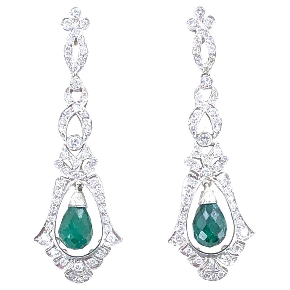 Emerald Diamond Deco Style Drop Earrings Platinum