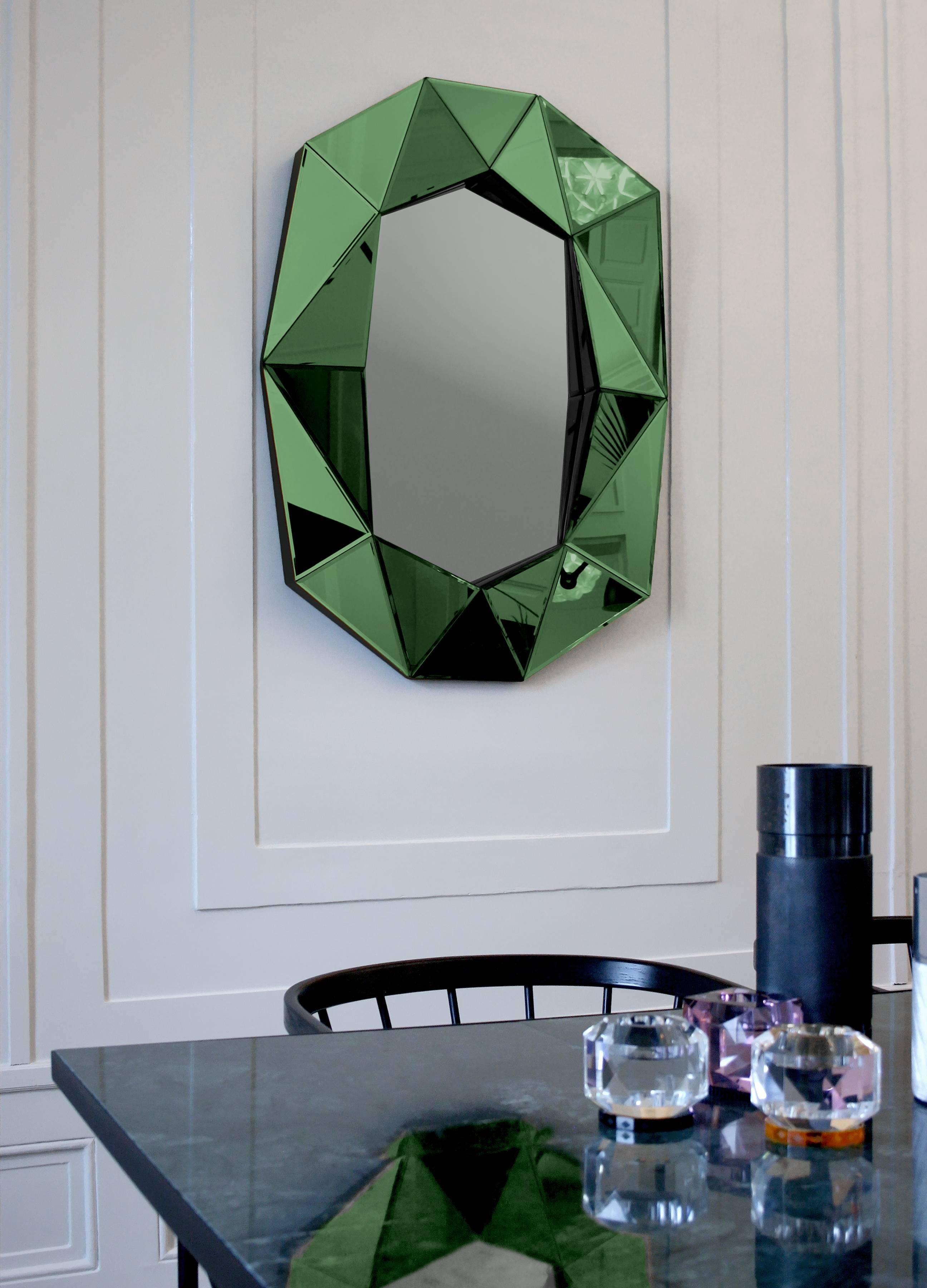 Diamond decorative mirror
Mirror
4mm faceted mirror on black painted mdf
Measures: L 72 x H 100 x D 6.2cm

The luxury handcrafted diamond mirror large is a dazzling, unique, Art Deco inspired mirror. It will add the perfect expression of