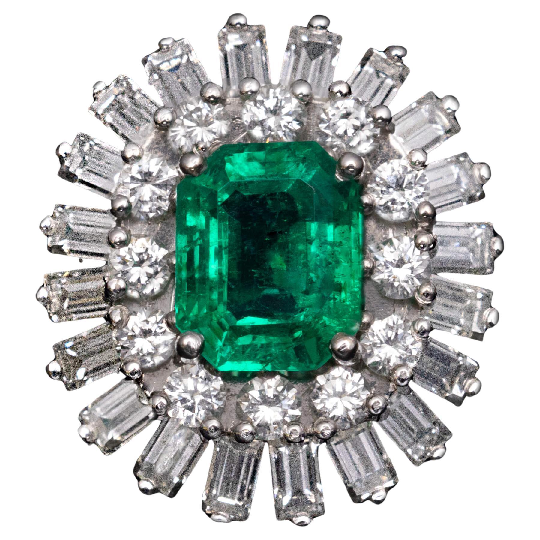Emerald Diamond Double Halo Engagement Ring For Sale