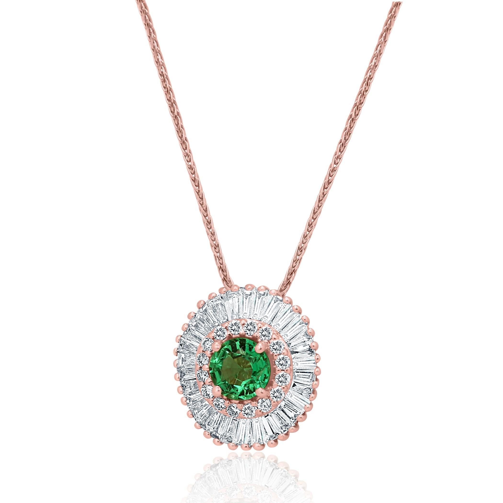 Emerald round 0.42 Carat Encircled in Double Halo of Colorless  G-H Round Brilliant VS SI clarity 0.11 Carat and Colorless Diamond Baguettes VS clarity 0.46 Carat in 14K Rose Gold Bridal  Art Deco Ballerina Fashion Pendant Chain Necklace.

Style