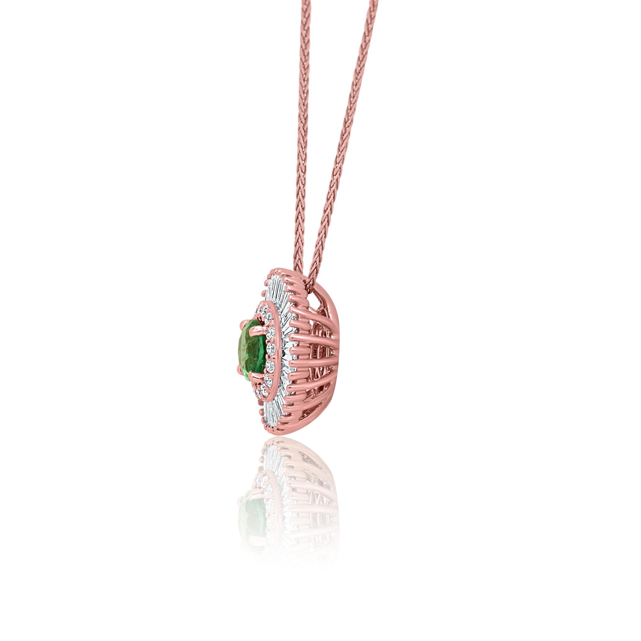 Round Cut Emerald Diamond Double Halo Gold Ballerina Art Deco Style Pendant Chain Necklace