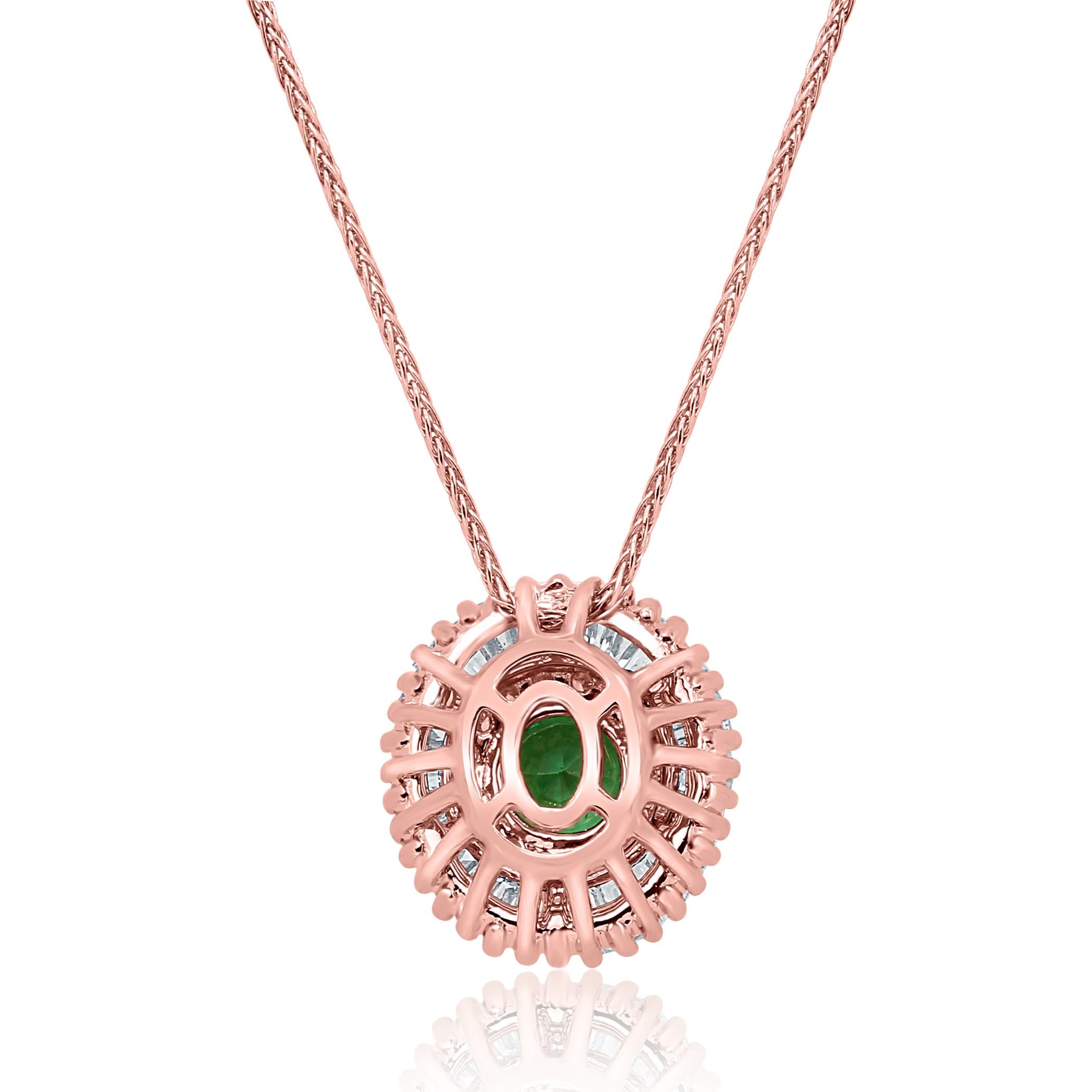 Emerald Diamond Double Halo Gold Ballerina Art Deco Style Pendant Chain Necklace In New Condition In NEW YORK, NY