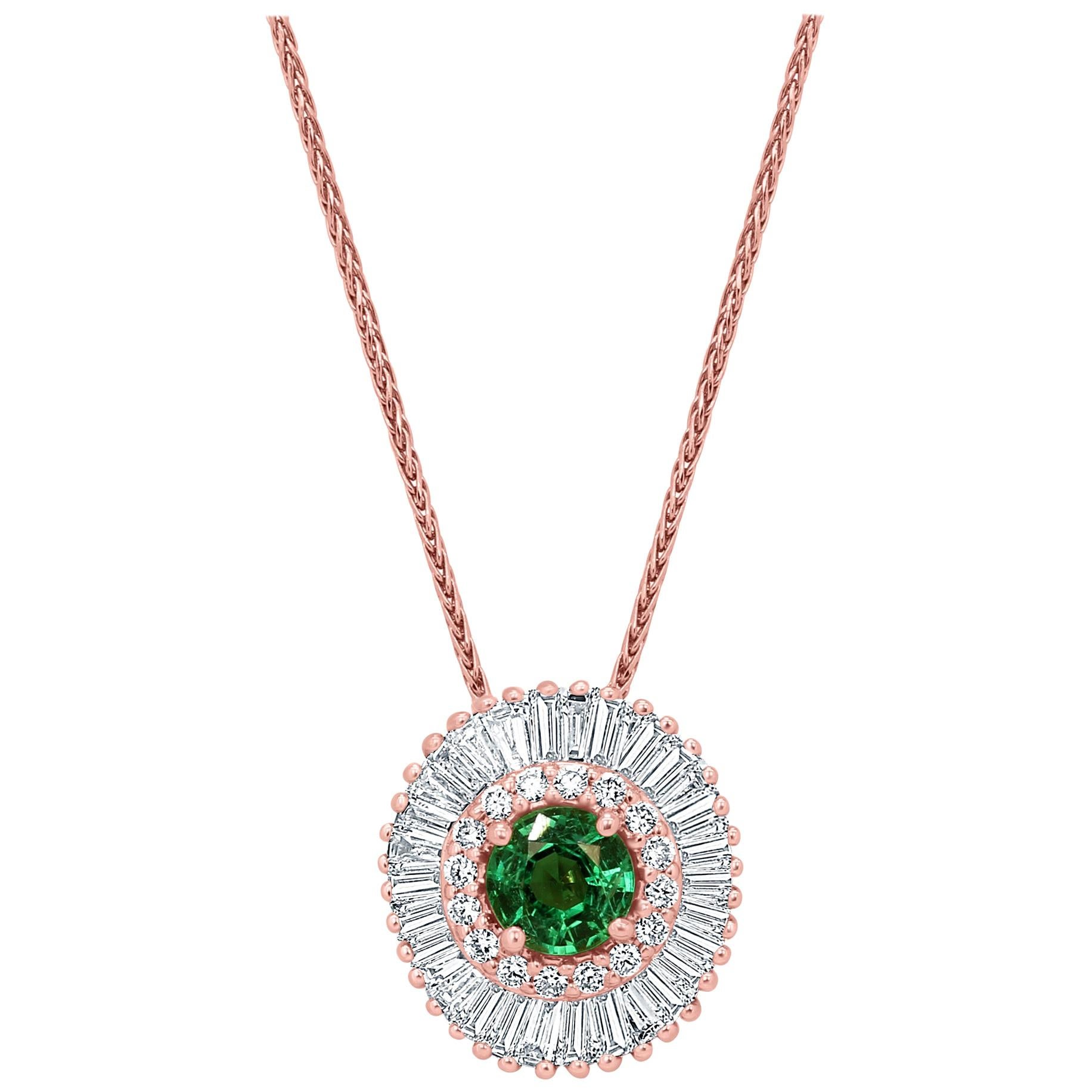 Emerald Diamond Double Halo Gold Ballerina Art Deco Style Pendant Chain Necklace