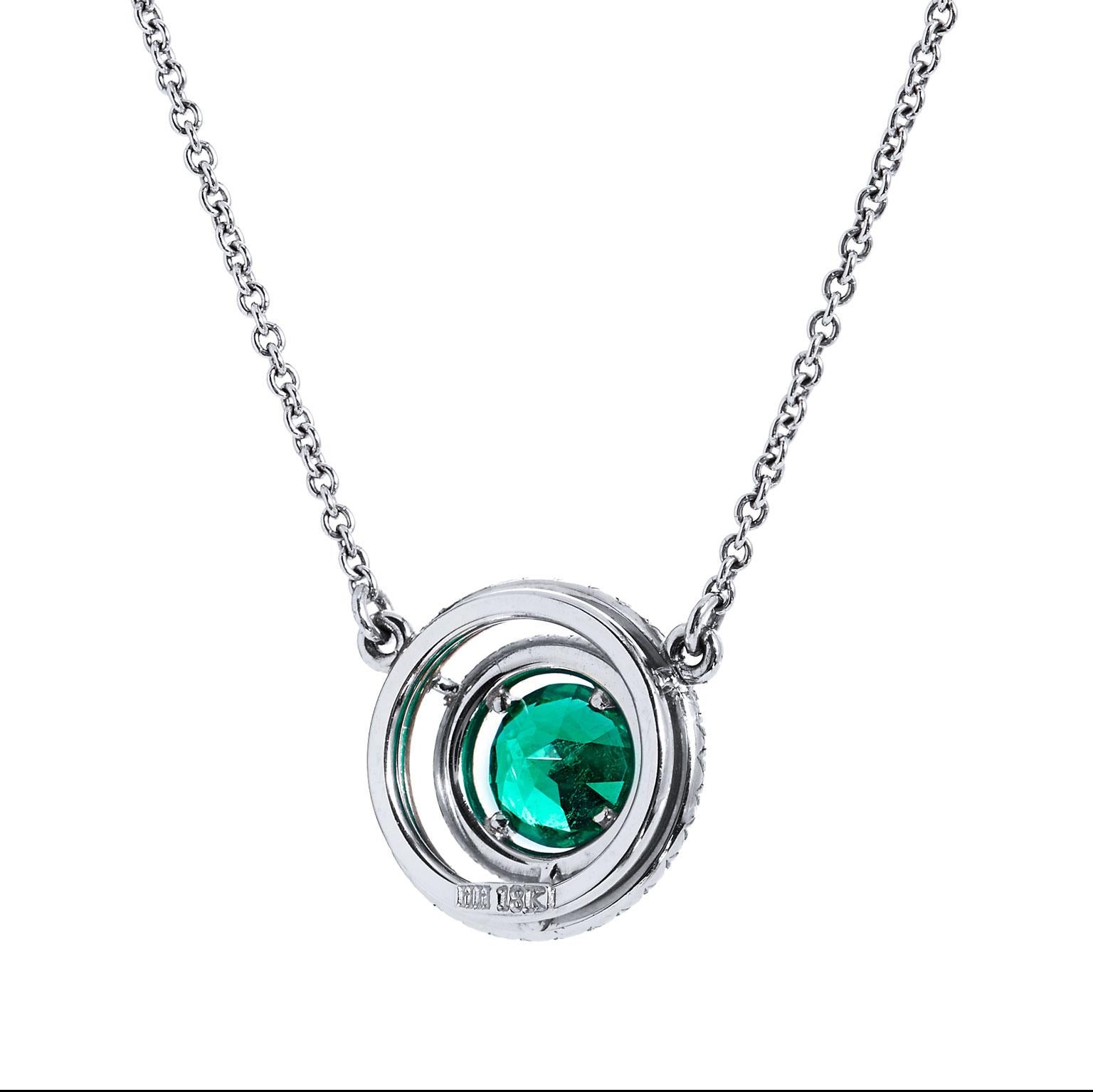Modern Emerald Diamond Double Halo Pendant Necklace
