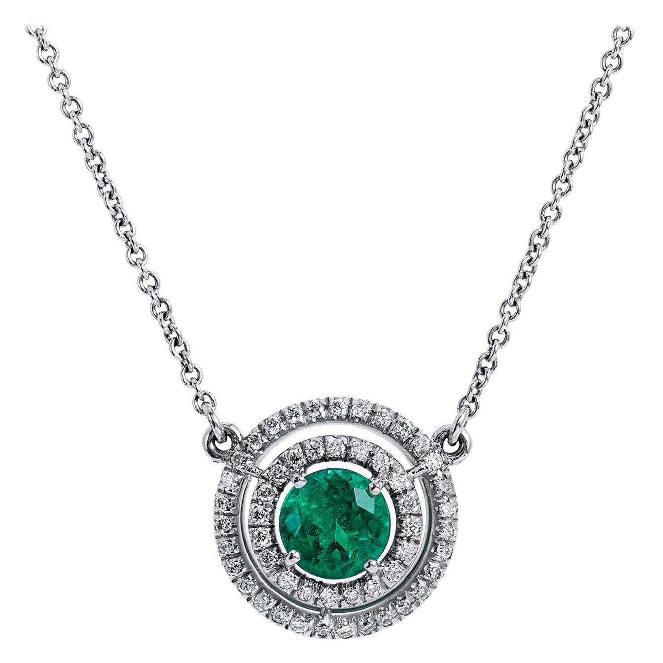 Emerald Diamond Double Halo Pendant Necklace