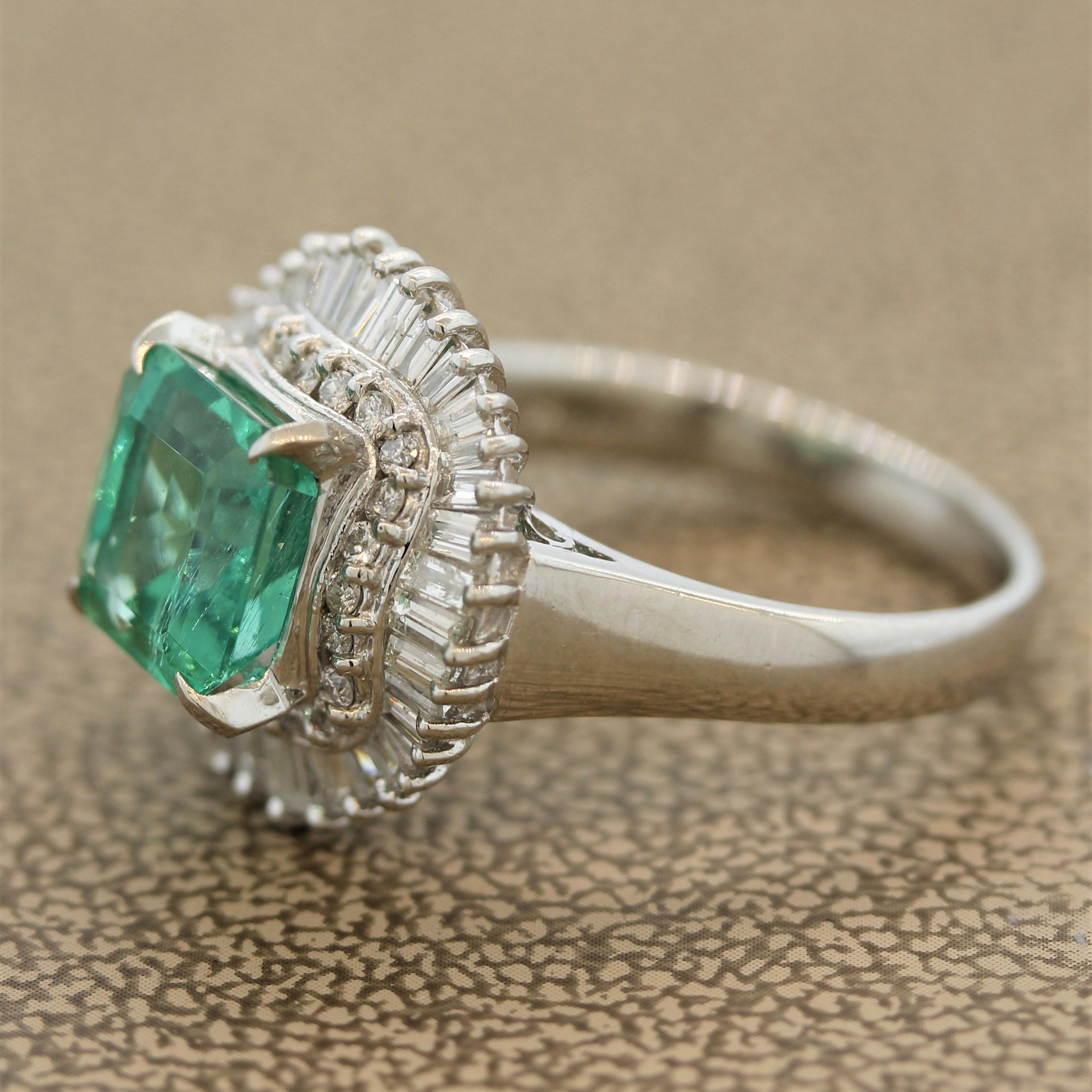 Mixed Cut Emerald Diamond Double-Halo Platinum Ring