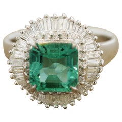 Emerald Diamond Double-Halo Platinum Ring