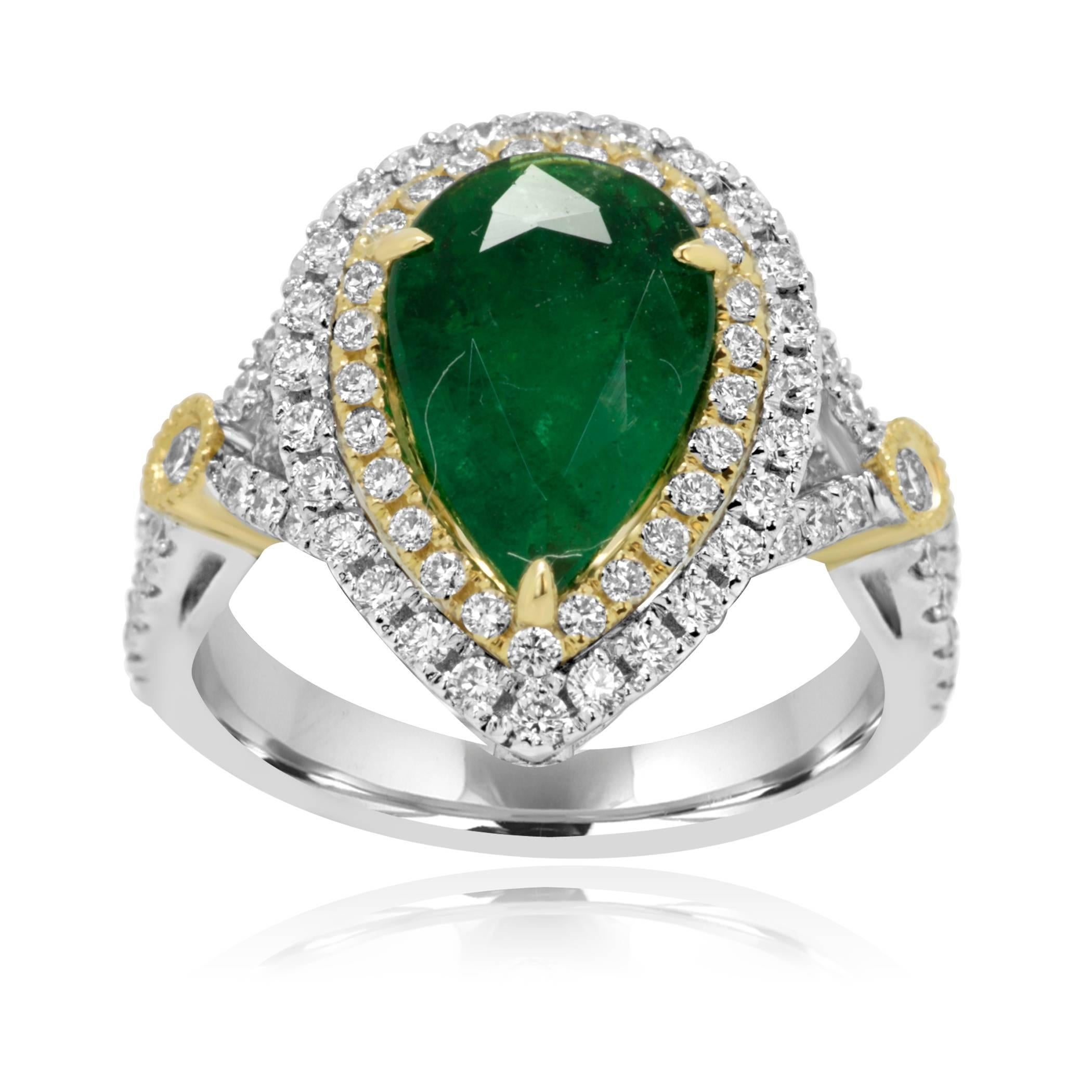 Modern Emerald Pear White Diamond Round Double Halo Two-Color Gold Bridal Fashion Ring