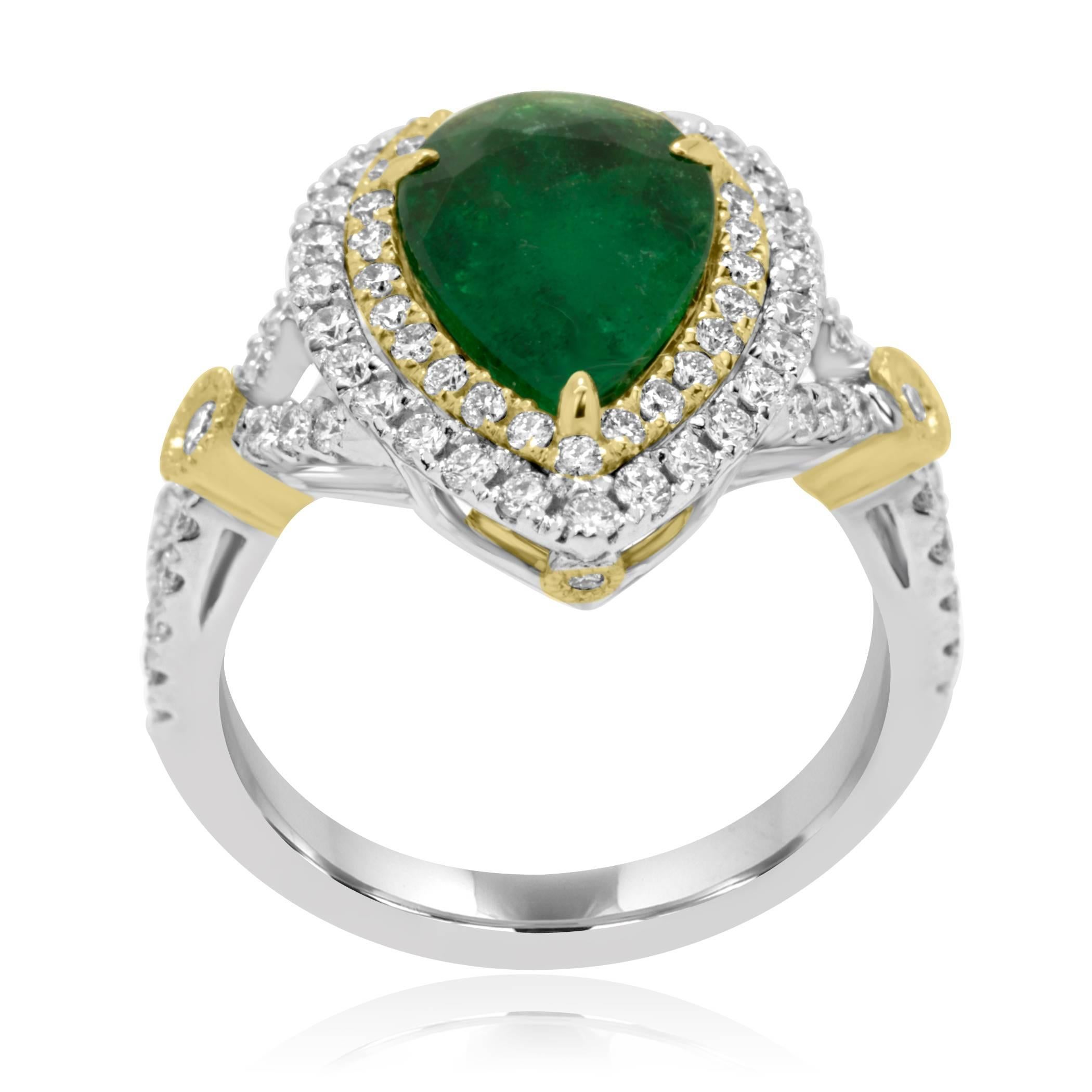 Pear Cut Emerald Pear White Diamond Round Double Halo Two-Color Gold Bridal Fashion Ring