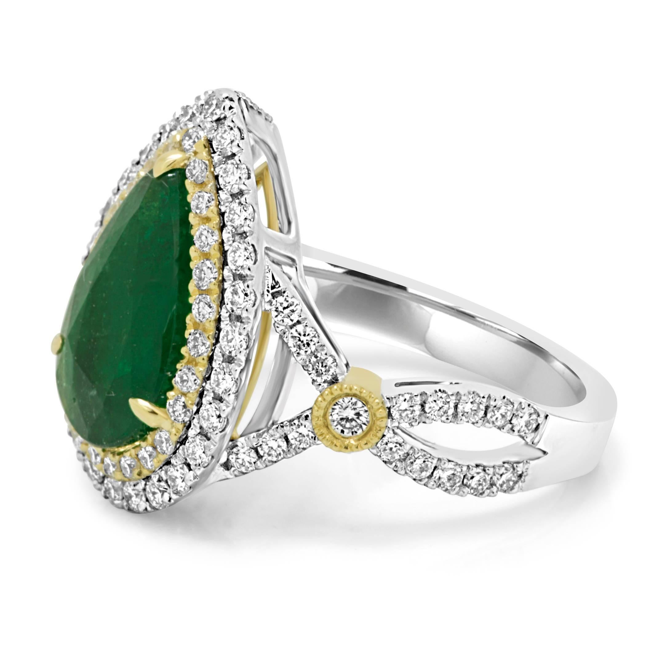 Emerald Pear White Diamond Round Double Halo Two-Color Gold Bridal Fashion Ring In New Condition In NEW YORK, NY