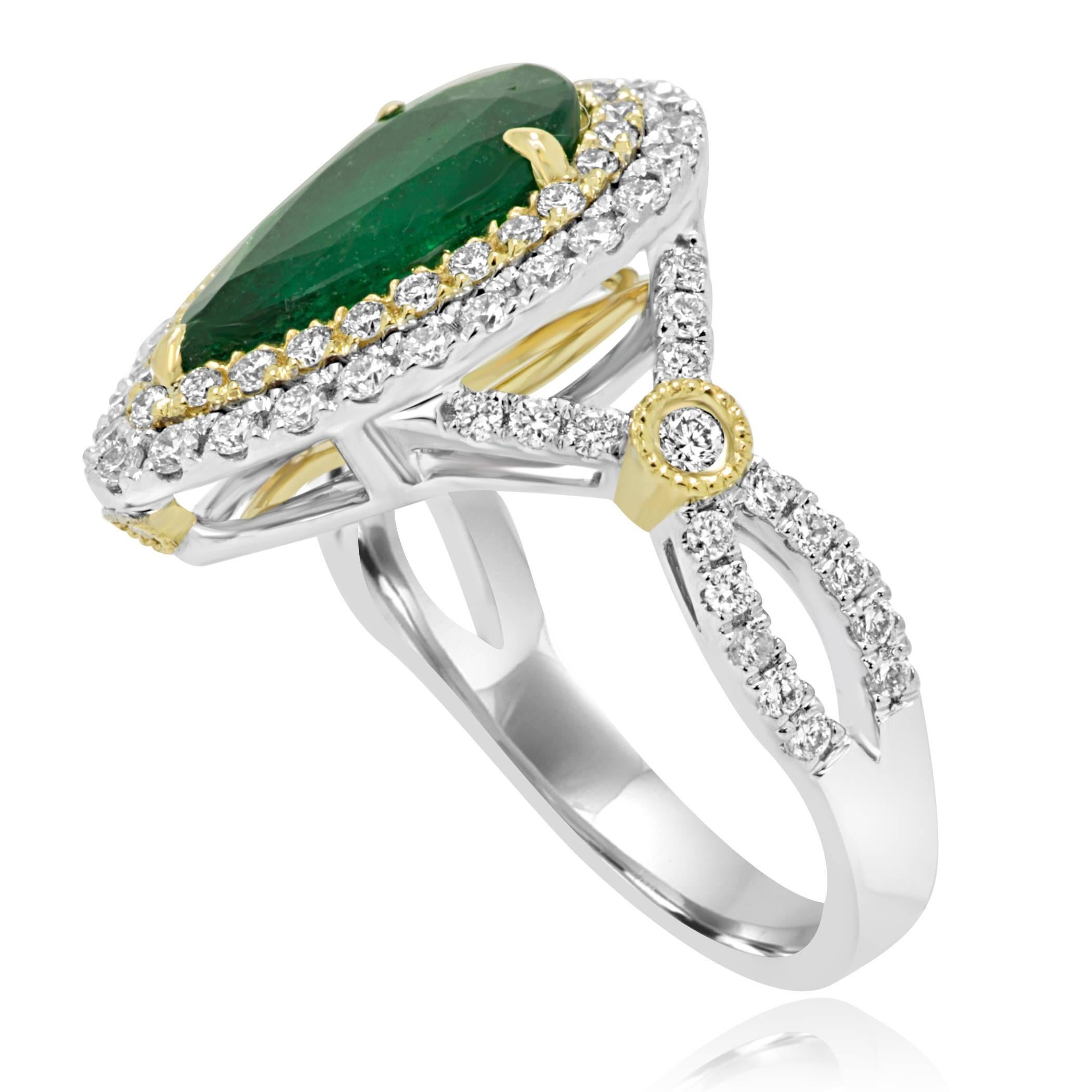 Women's Emerald Pear White Diamond Round Double Halo Two-Color Gold Bridal Fashion Ring