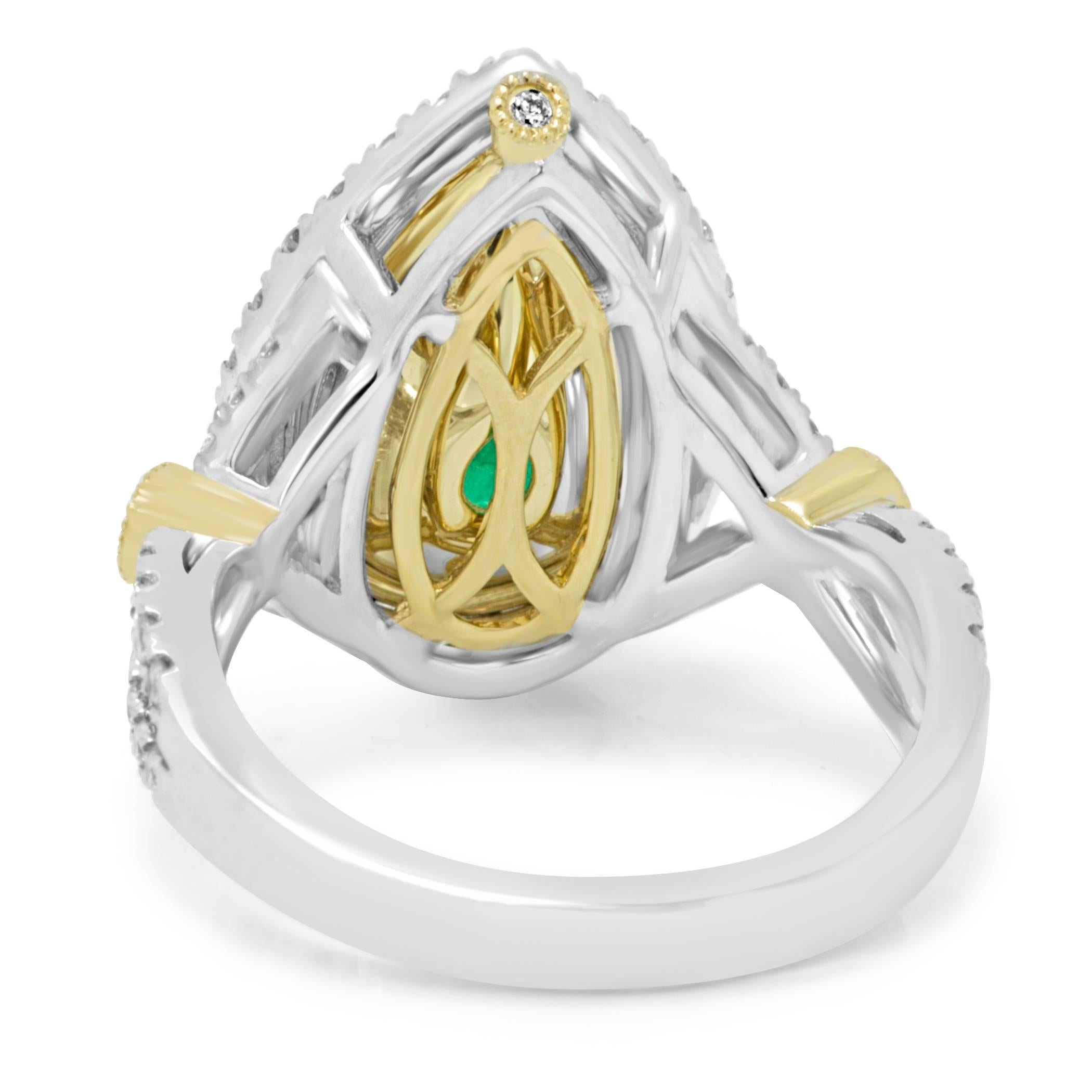 Emerald Pear White Diamond Round Double Halo Two-Color Gold Bridal Fashion Ring 2