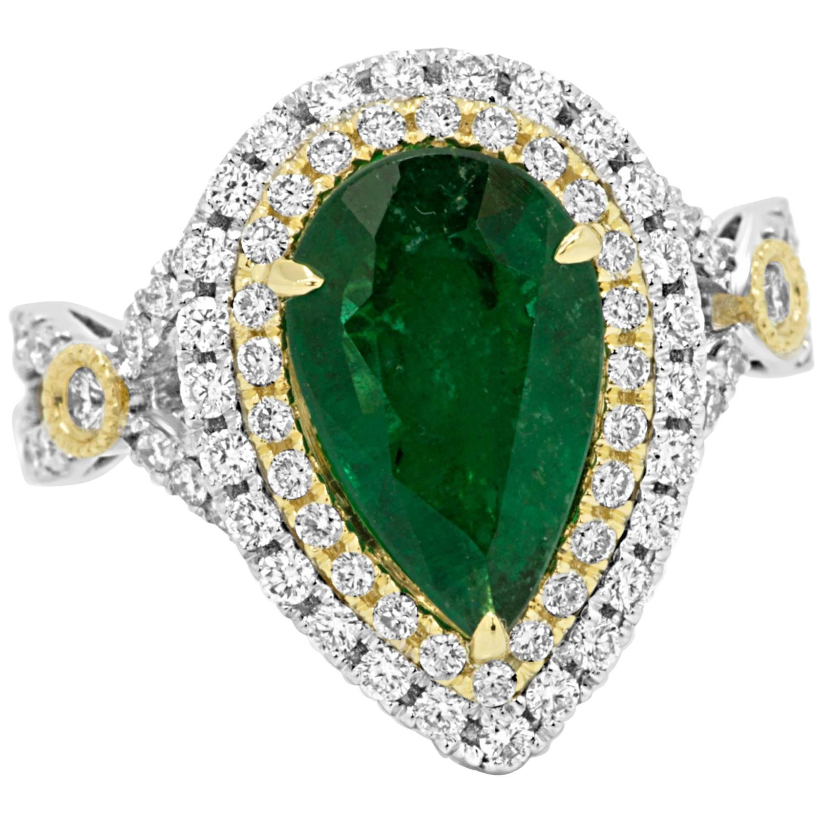 Emerald Pear White Diamond Round Double Halo Two-Color Gold Bridal Fashion Ring