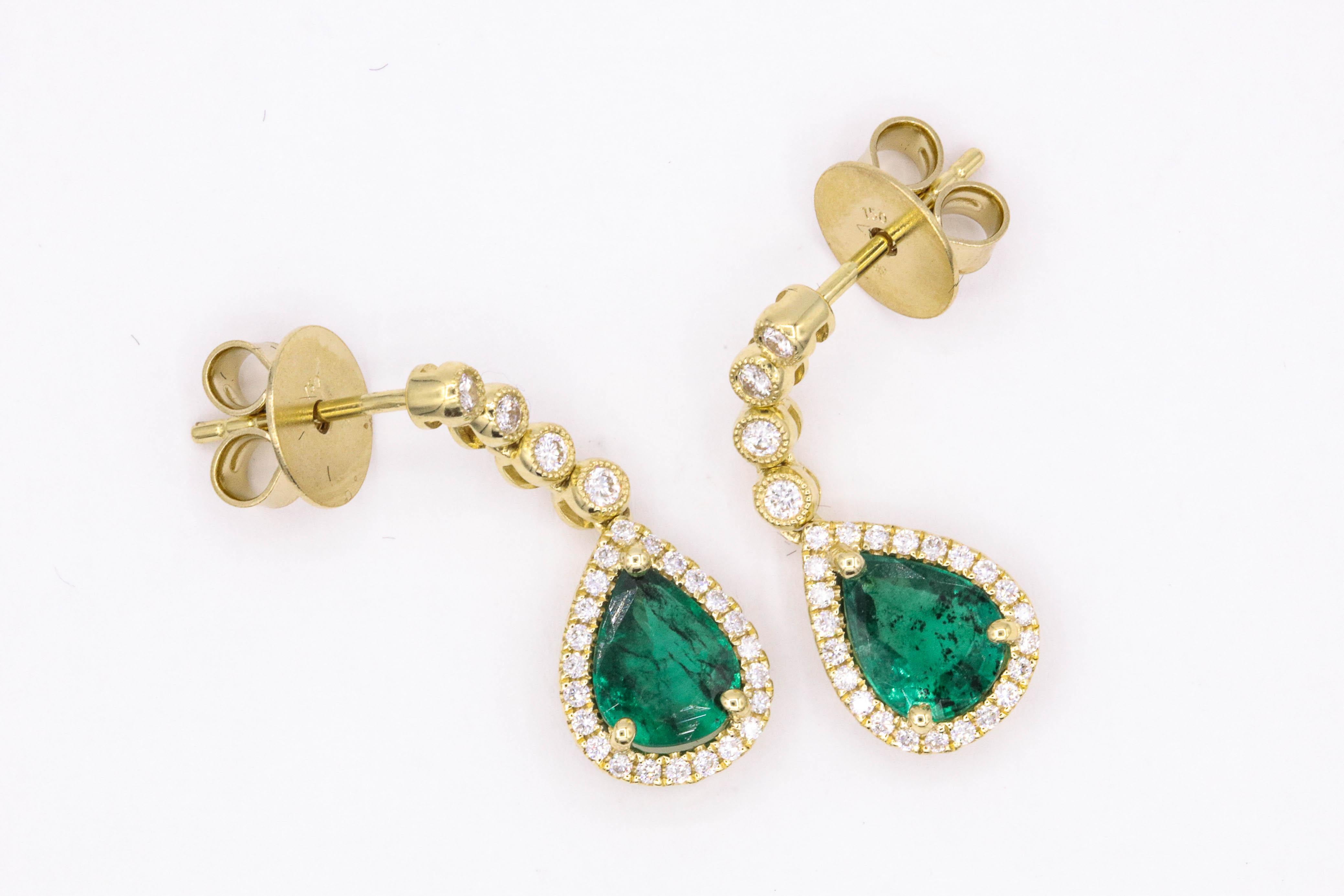 Emerald Diamond Drop Earrings 1.95 Carat 18 Karat Yellow Gold 4