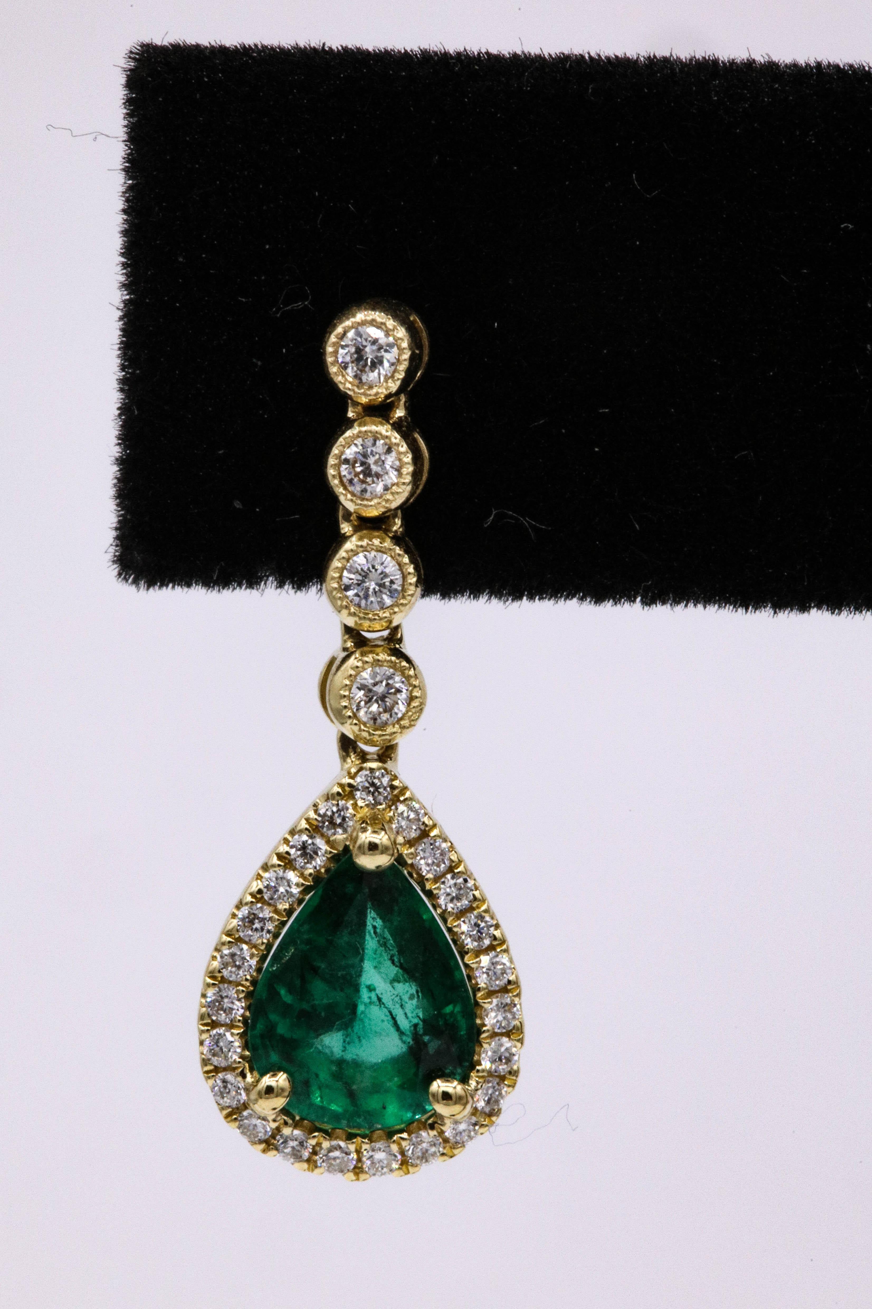 Pear Cut Emerald Diamond Drop Earrings 1.95 Carat 18 Karat Yellow Gold