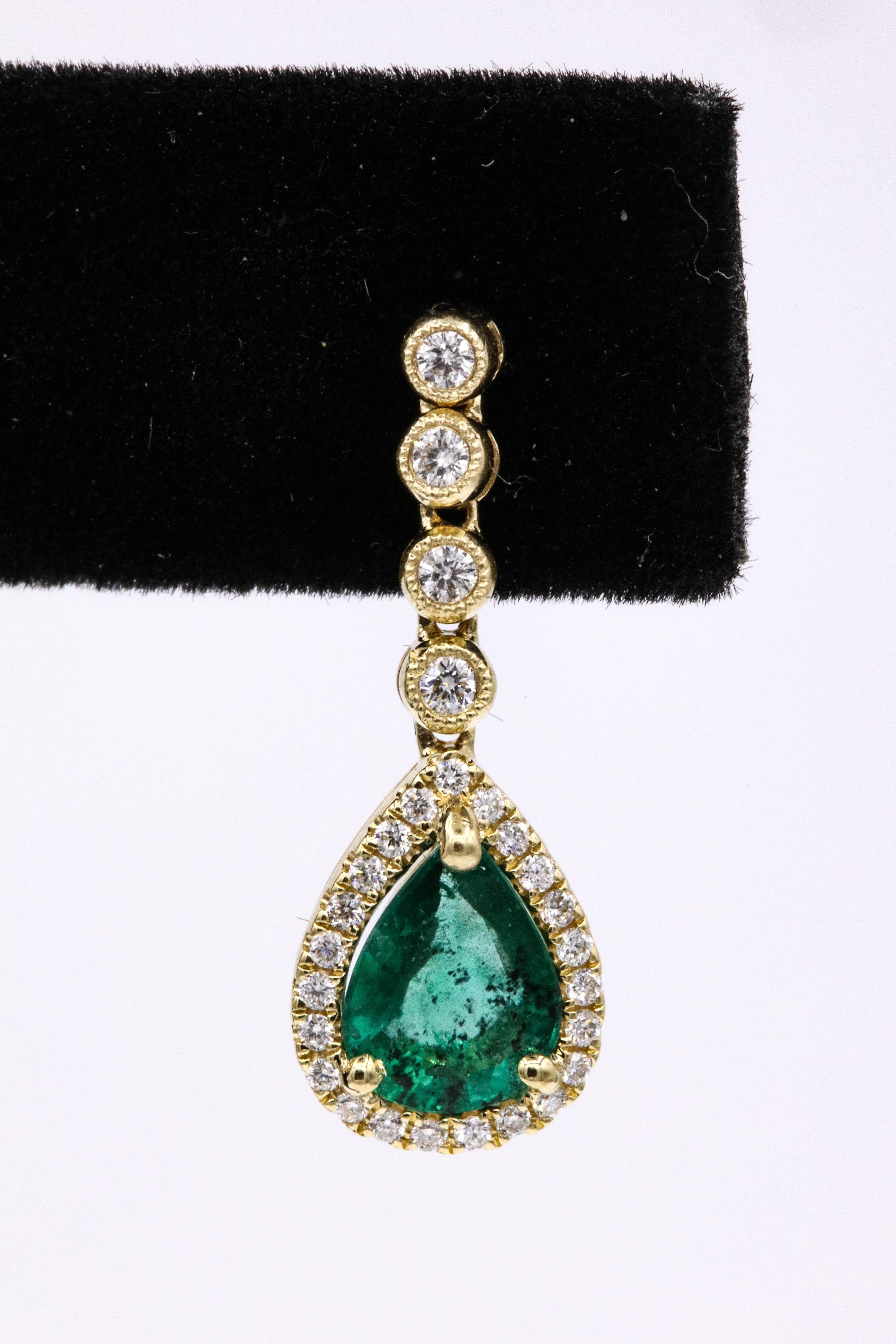 Women's Emerald Diamond Drop Earrings 1.95 Carat 18 Karat Yellow Gold
