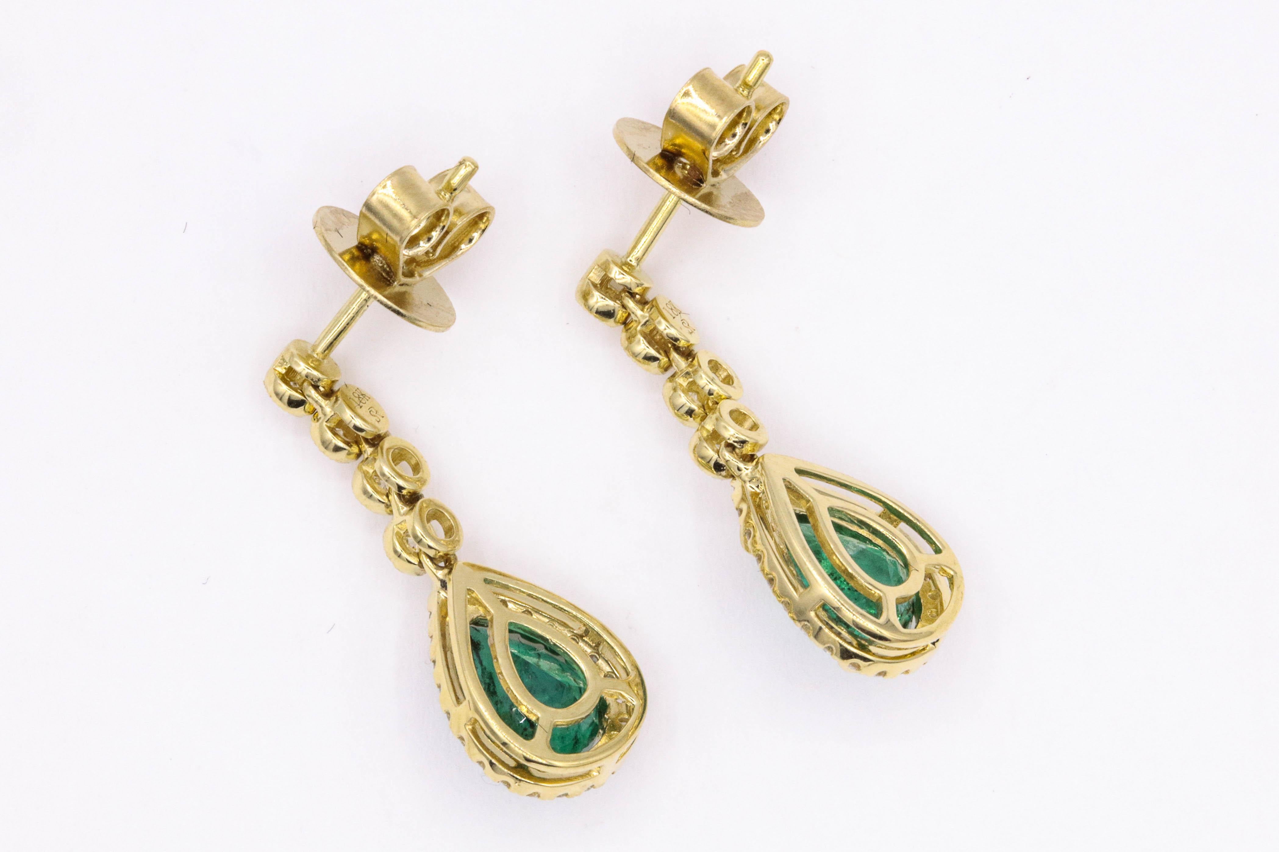 Emerald Diamond Drop Earrings 1.95 Carat 18 Karat Yellow Gold 2
