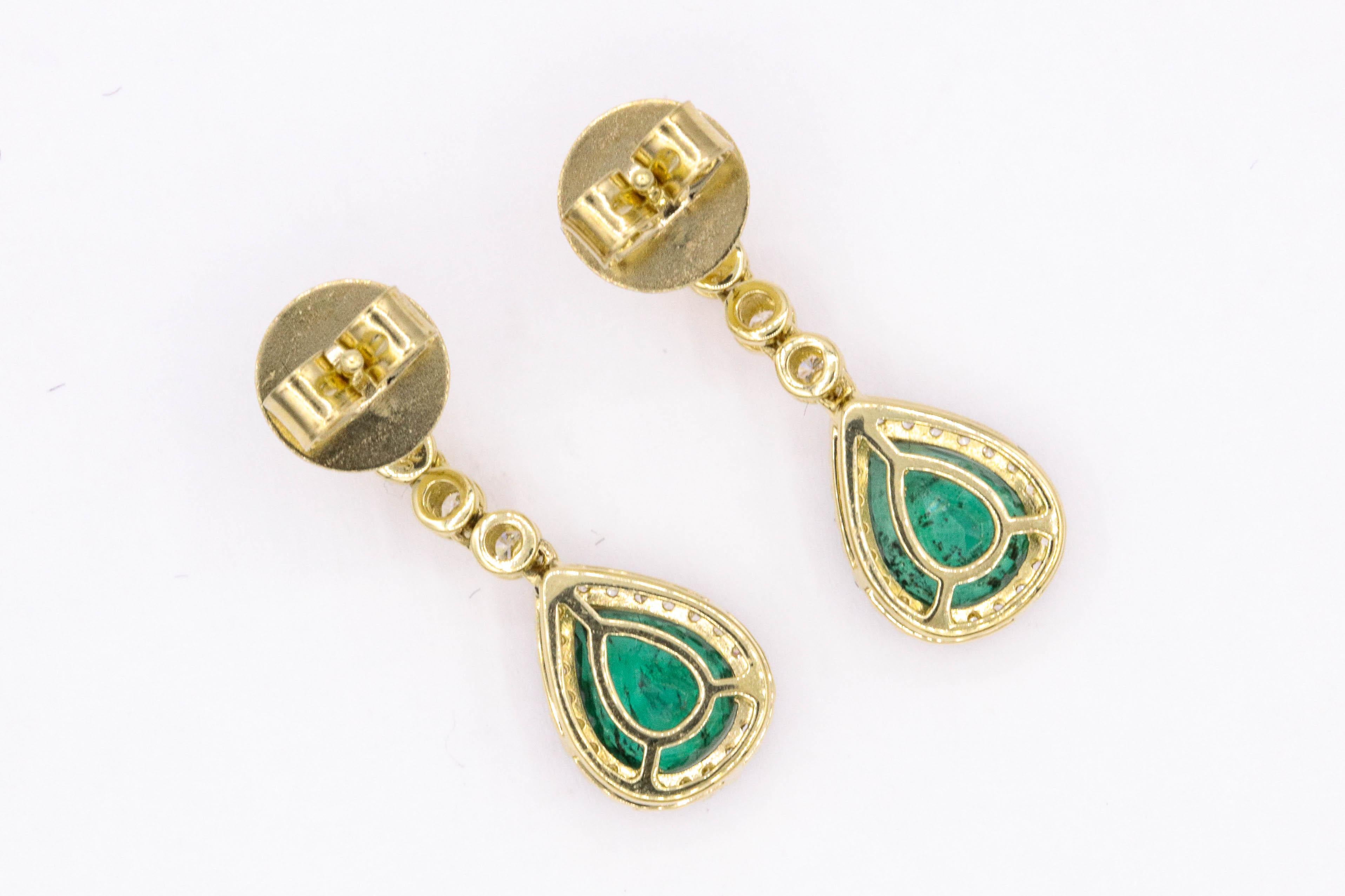 Emerald Diamond Drop Earrings 1.95 Carat 18 Karat Yellow Gold 3