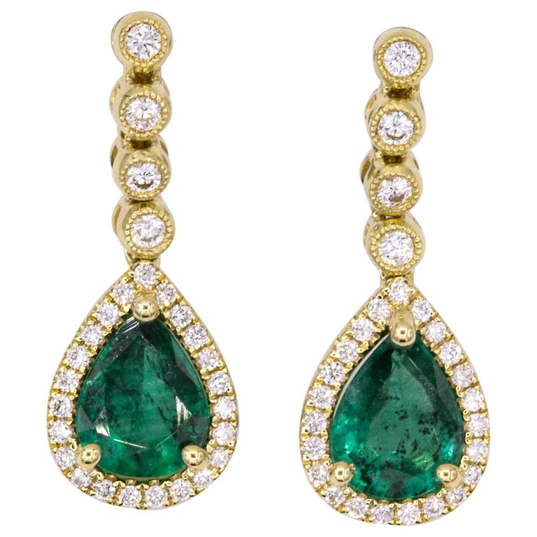Emerald Diamond Drop Earrings 1.95 Carat 18 Karat Yellow Gold at 1stDibs
