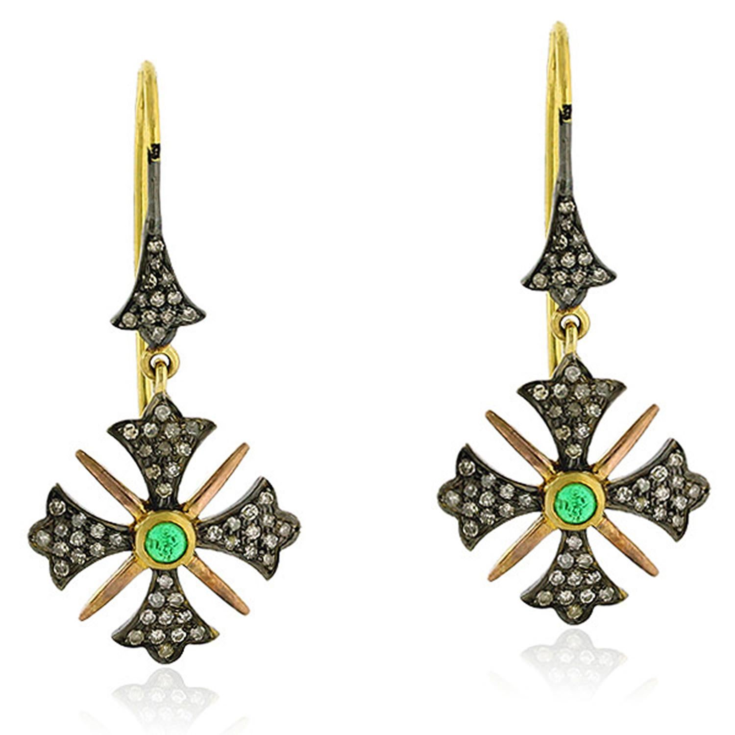 Artisan Emerald Diamond Drop Earrings For Sale