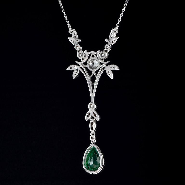Art Deco Fleur Pear Shaped Natural Emerald with Diamond  Drop Necklace in 18K White Gold