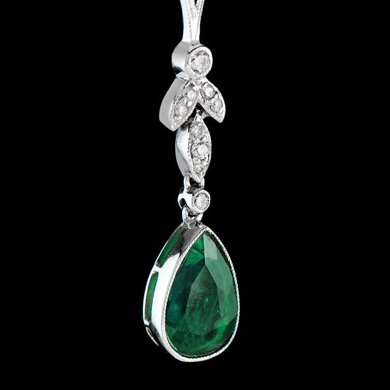 Fleur Pear Shaped Natural Emerald with Diamond  Drop Necklace in 18K White Gold In New Condition In Bangkok, TH