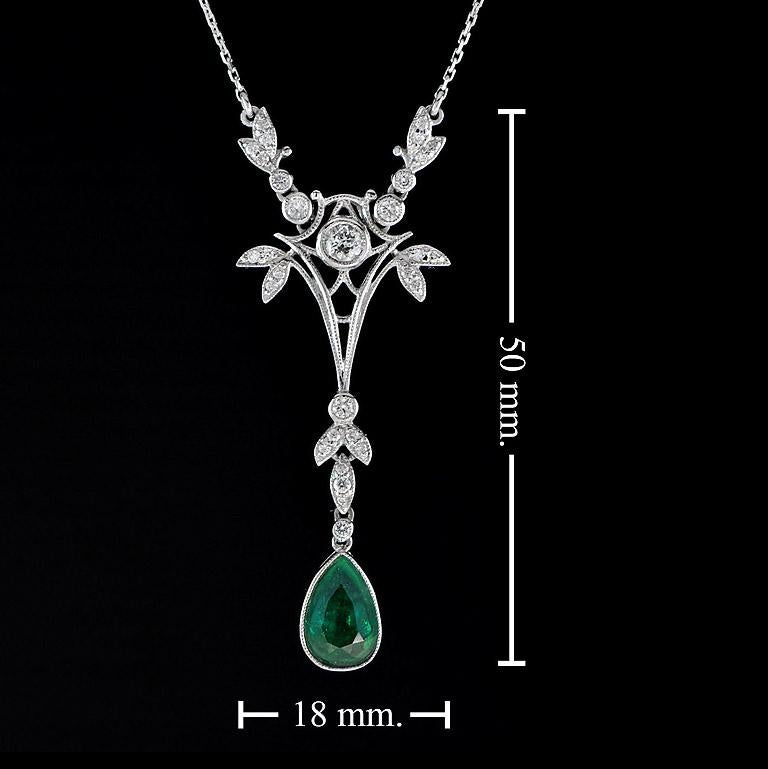 Fleur Pear Shaped Natural Emerald with Diamond  Drop Necklace in 18K White Gold 1