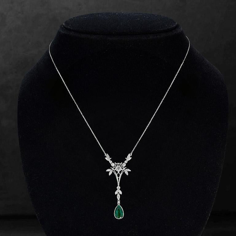 Fleur Pear Shaped Natural Emerald with Diamond  Drop Necklace in 18K White Gold 2