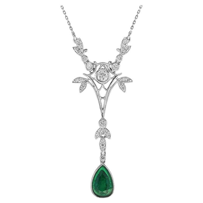 Fleur Pear Shaped Natural Emerald with Diamond  Drop Necklace in 18K White Gold