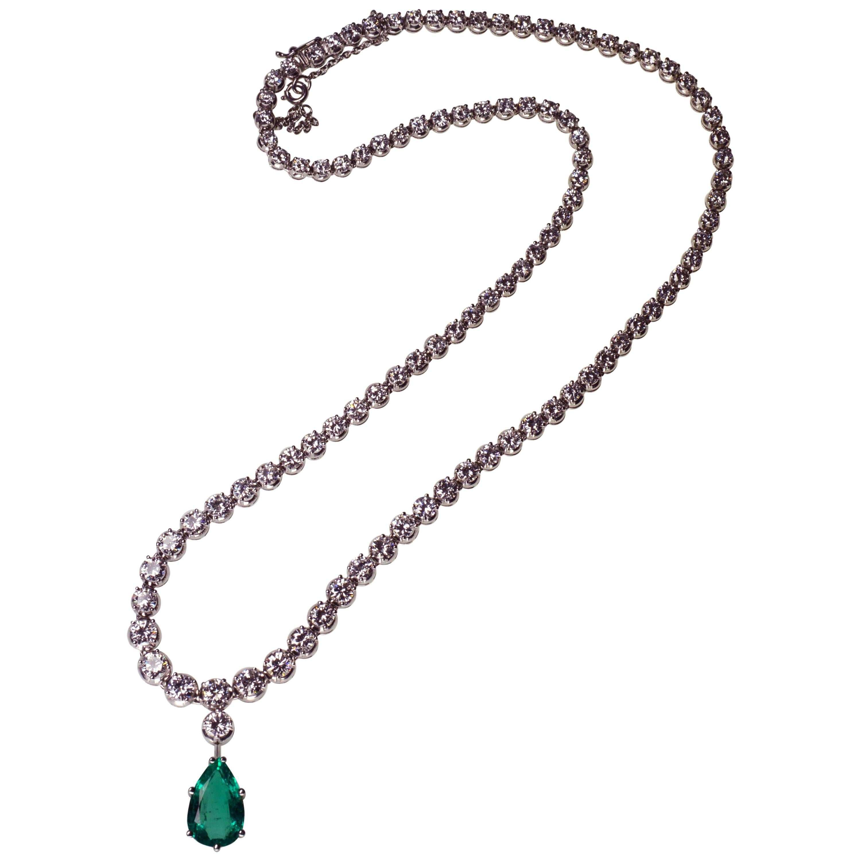 Emerald Diamond Drop Pear Gold Necklace For Sale